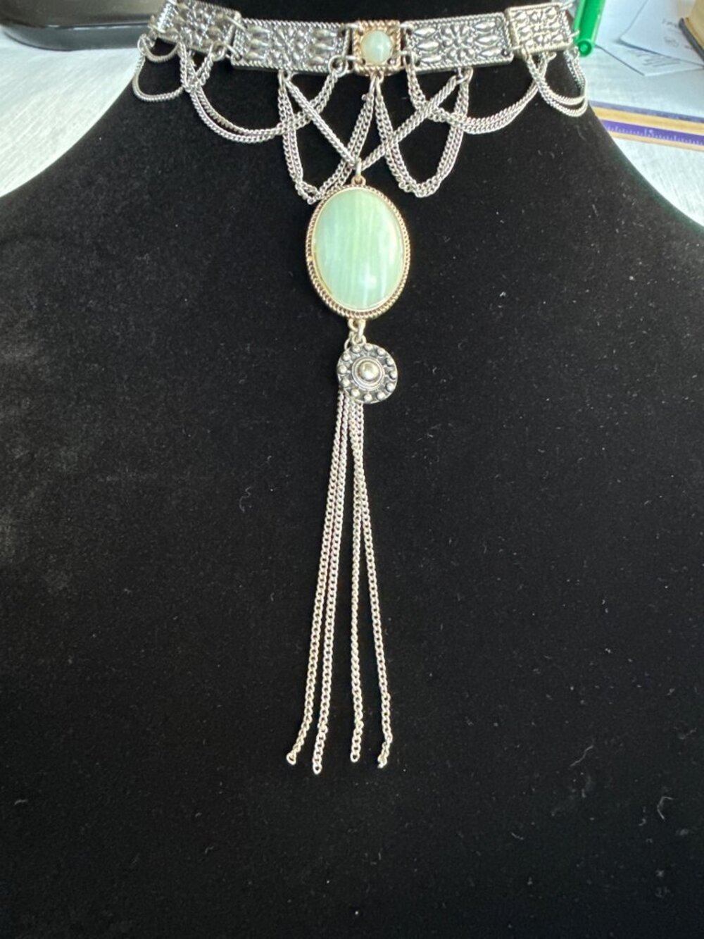 Shyanne Luna Bella Silver Western Choker Necklace Mint Green Faux Stone Fringe